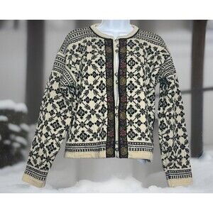 Dale of Norway Wool Cardigan Sweater L Nordic Fair Isle Button Front Cream 90s